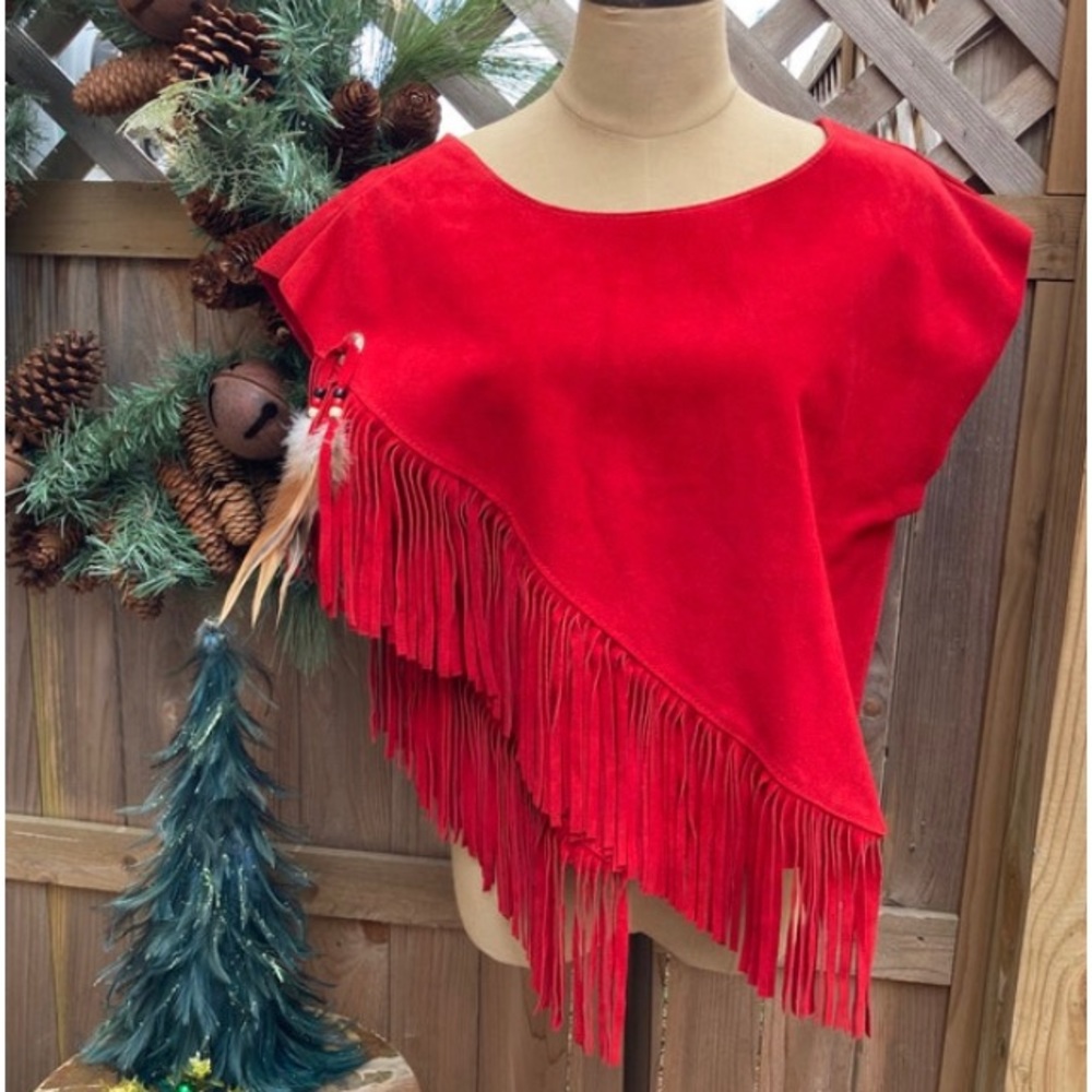 Suede Top- Red Short Sleeve Suede Top-Fringe-Feathers